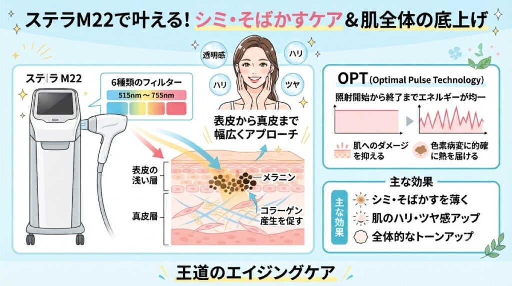 「シミ・そばかす・肌全体の底上げなら『ステラM22』」の図解画像