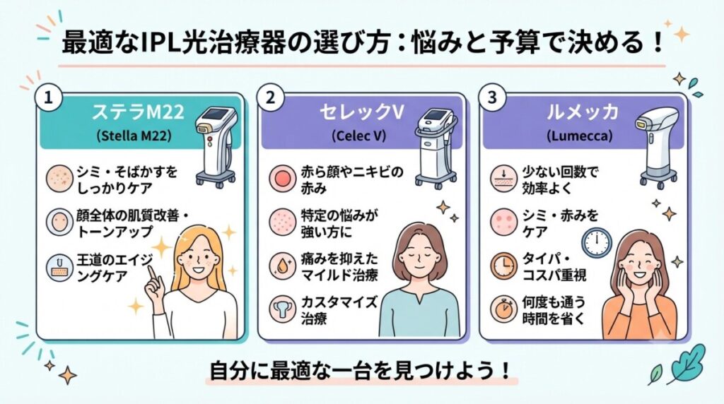 「まとめ:どっちが良いか迷ったら、自分の悩みと予算に合わせて最適なIPLを選ぼう」の図解画像