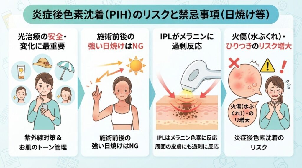 「炎症後色素沈着(PIH)のリスクと禁忌事項(日焼け等)」の図解画像