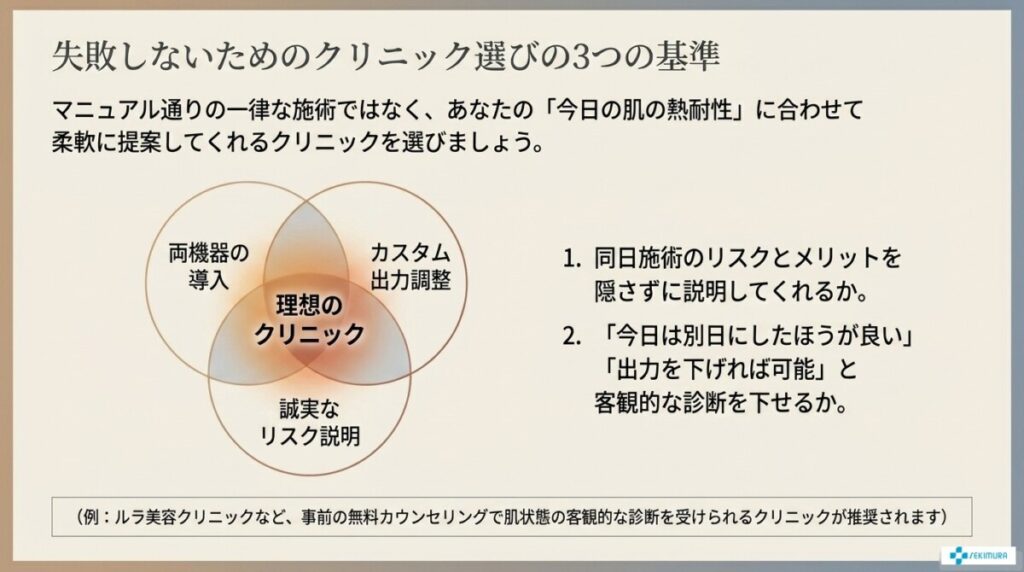 同時施術や間隔の相談ができるクリニック選びのポイント