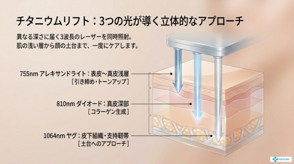 チタニウムリフトの特徴である3波長同時照射のメカニズムについて解説した図解。