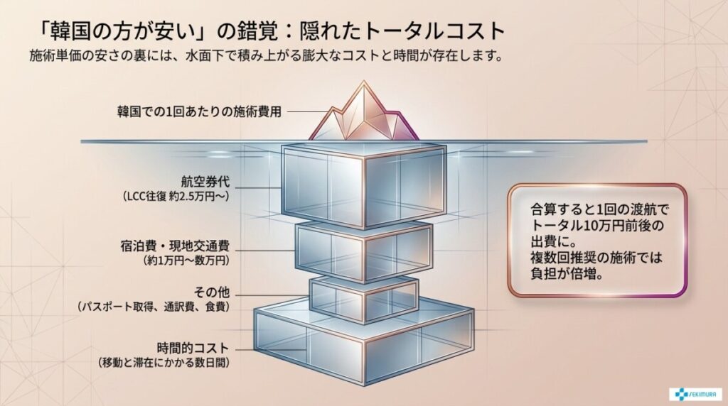 インモードなどを韓国で施術を受ける場合の隠れたトータルコストを解説した図解。