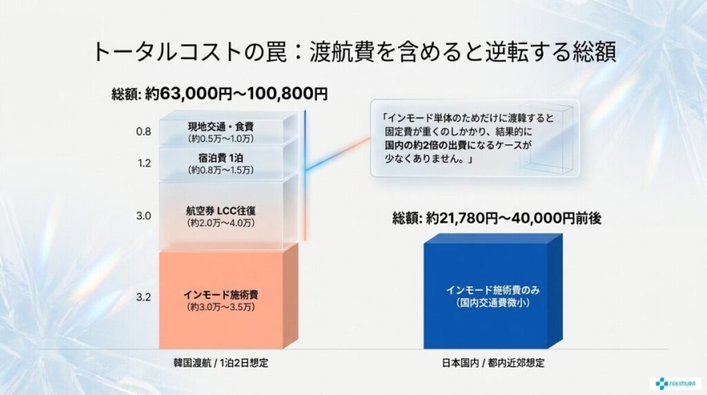 韓国でインモードを受ける場合の航空券・宿泊費を含めたトータルコストの罠について、韓国渡航費と日本国内費で比較した図解。