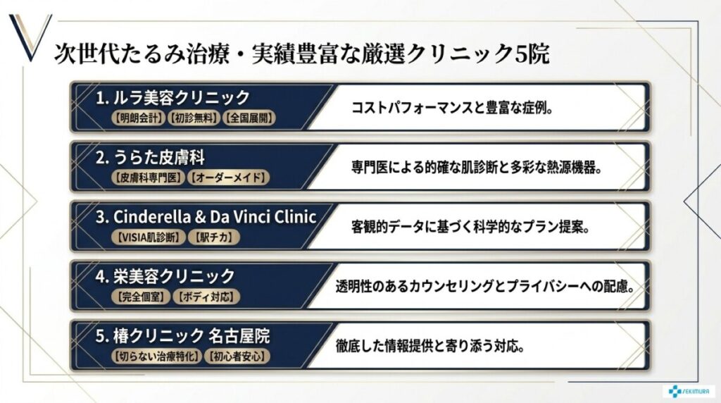 次世代たるみ治療・実績豊富な厳選クリニック5院