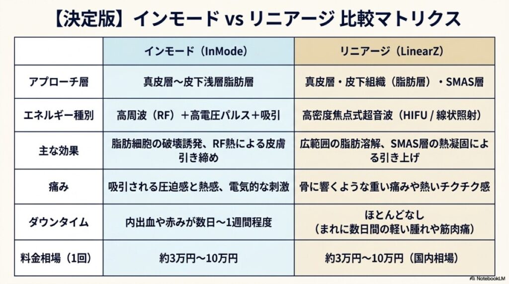 インモードの「脂肪破壊」vsリニアージの「線状超音波による脂肪溶解」：決定的な違いを比較