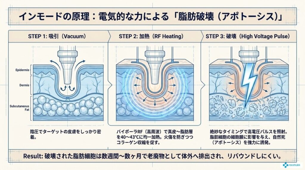インモードの原理：RF（高周波）と高電圧パルスで脂肪破壊へアプローチ