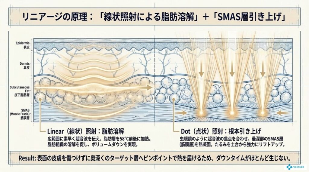 リニアージの原理：HIFU（線状超音波）による広範囲の脂肪溶解とSMAS層への作用