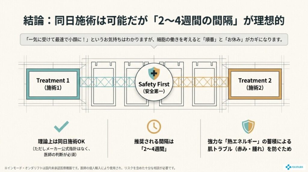 結論:同日施術は可能だが「2〜4週間の間隔」を空けるのが理想的