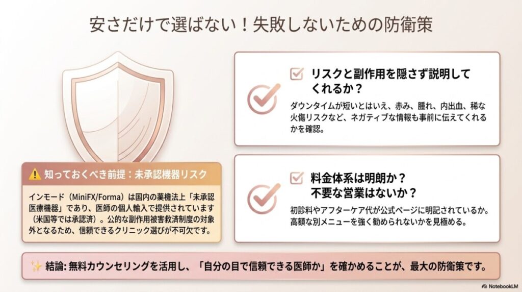 安いクリニック選びで失敗しないための防衛策（未承認機器リスク）