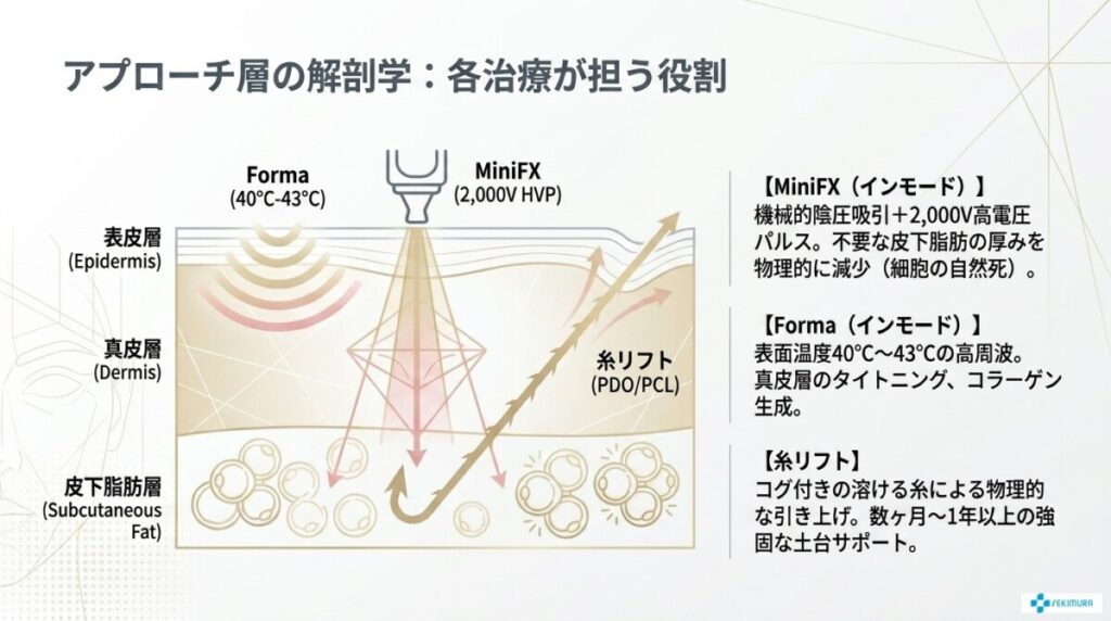 インモード（RF）の役割：脂肪の減少と熱による引き締め