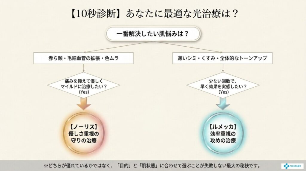 ノーリスとルメッカの違いは?あなたに合う光治療(IPL)の選び方につい図解したもの。