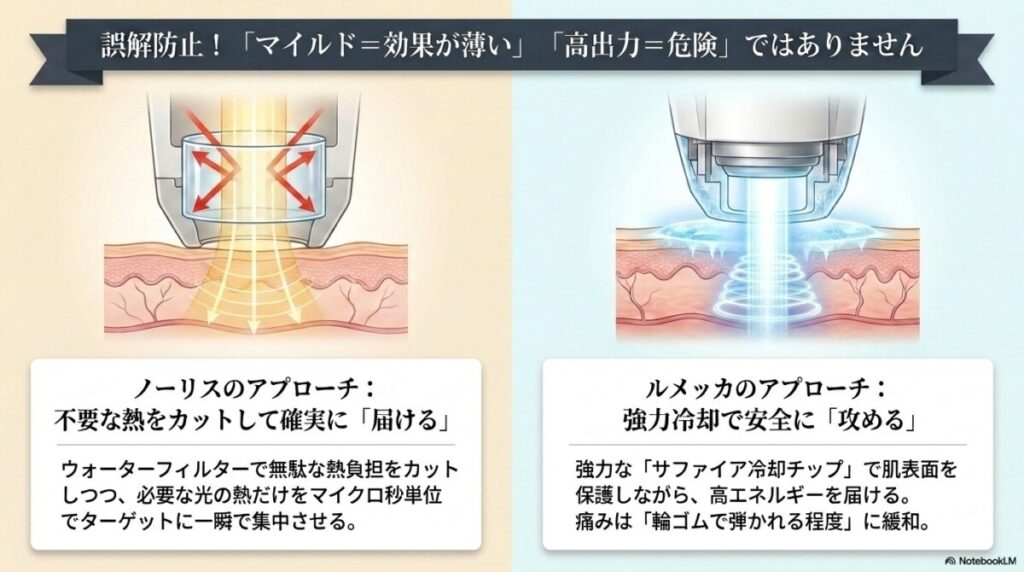 ノーリスの効果への期待とルメッカの安全性への配慮の図解。