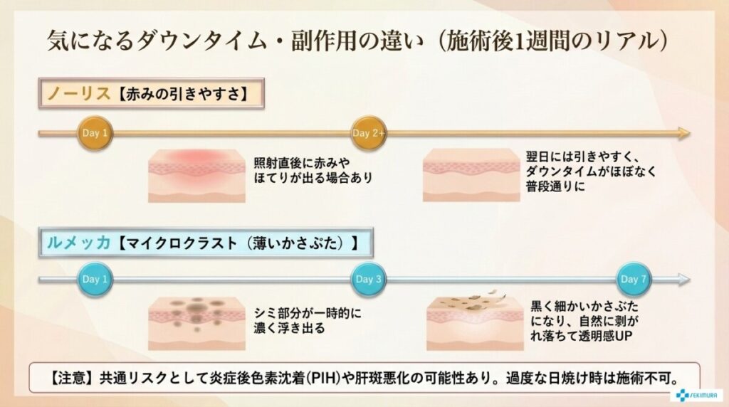 気になる副作用・ダウンタイム専用解説!ノーリスとルメッカの違いについての図解。