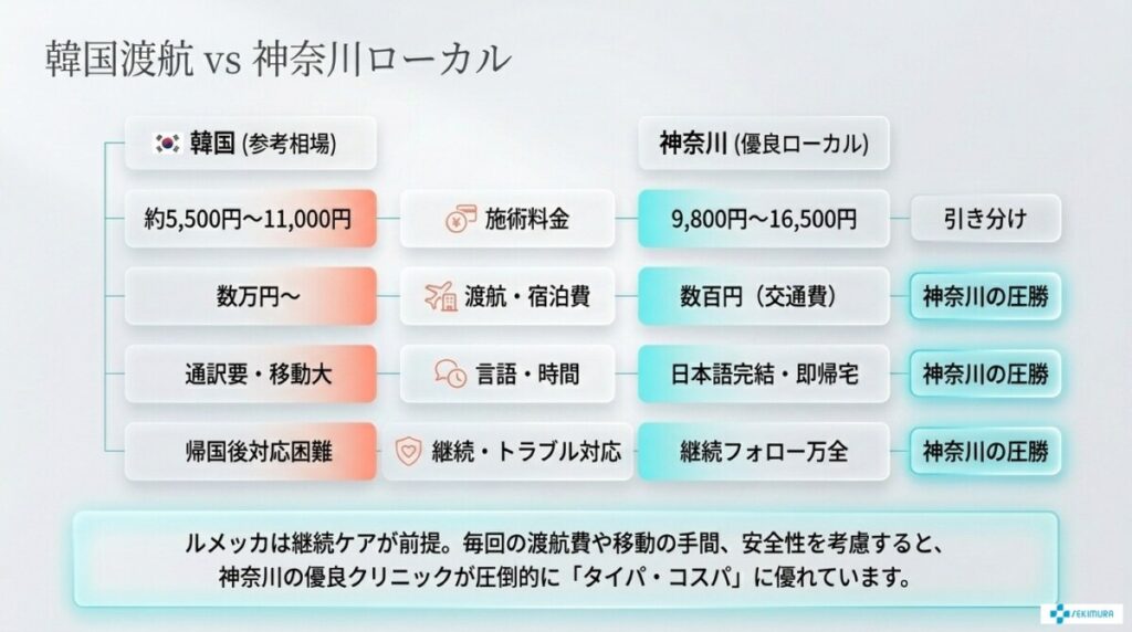 ルメッカで韓国渡航vs神奈川ローカルのトータルコスト比較の図解。