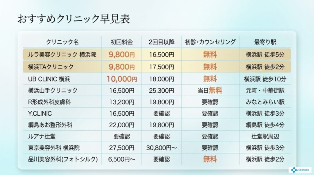 神奈川（横浜周辺）でルメッカが安い優良クリニック10選の図解。