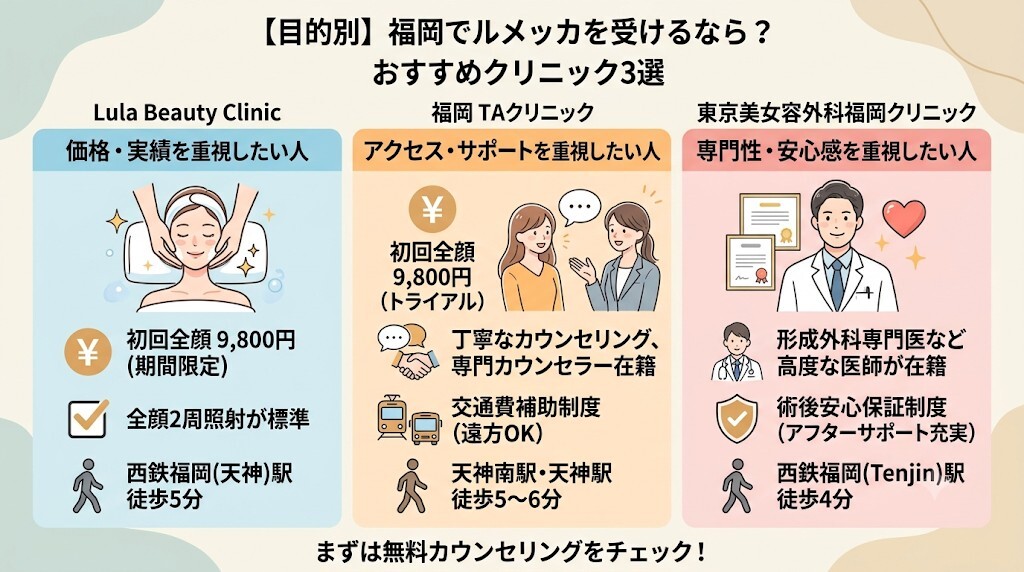【目的別】福岡でルメッカがおすすめのクリニックベスト3（安さ・実績等）をわかりやすく図解
