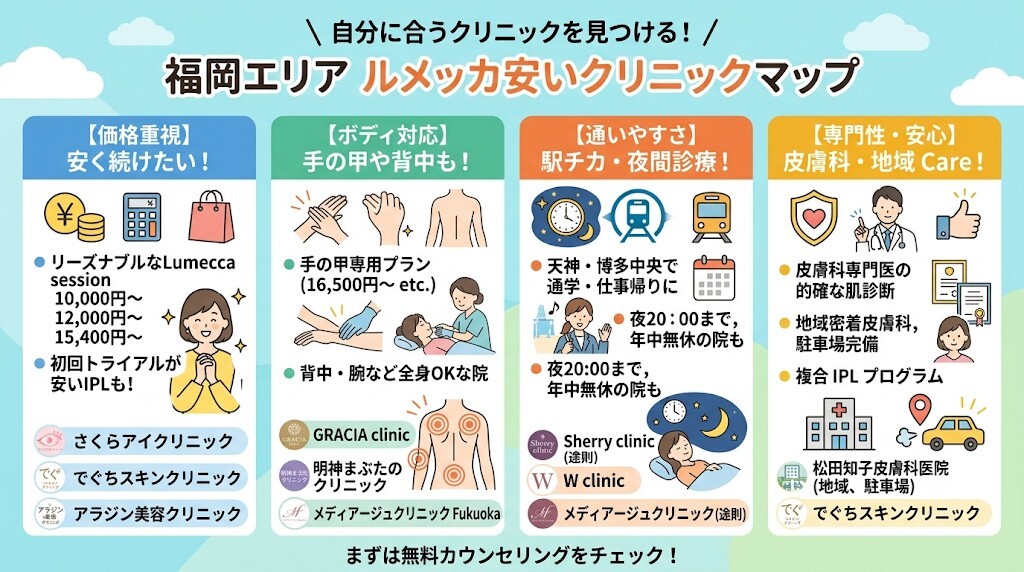 福岡でルメッカが安いおすすめクリニック17選をわかりやすく図解
