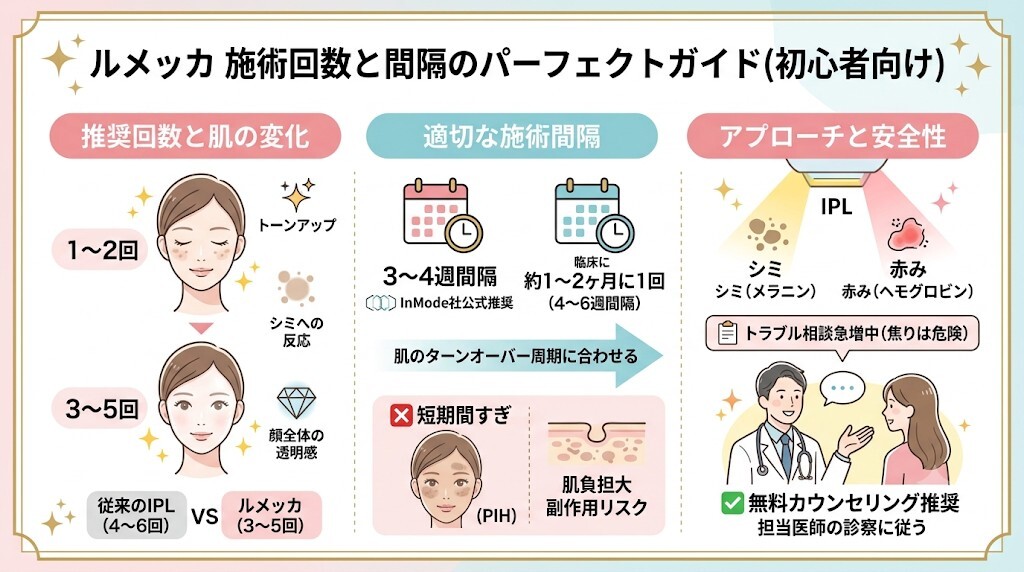 ルメッカの施術間隔と推奨回数は何回から?シミや赤みへのアプローチをわかりやすく図解