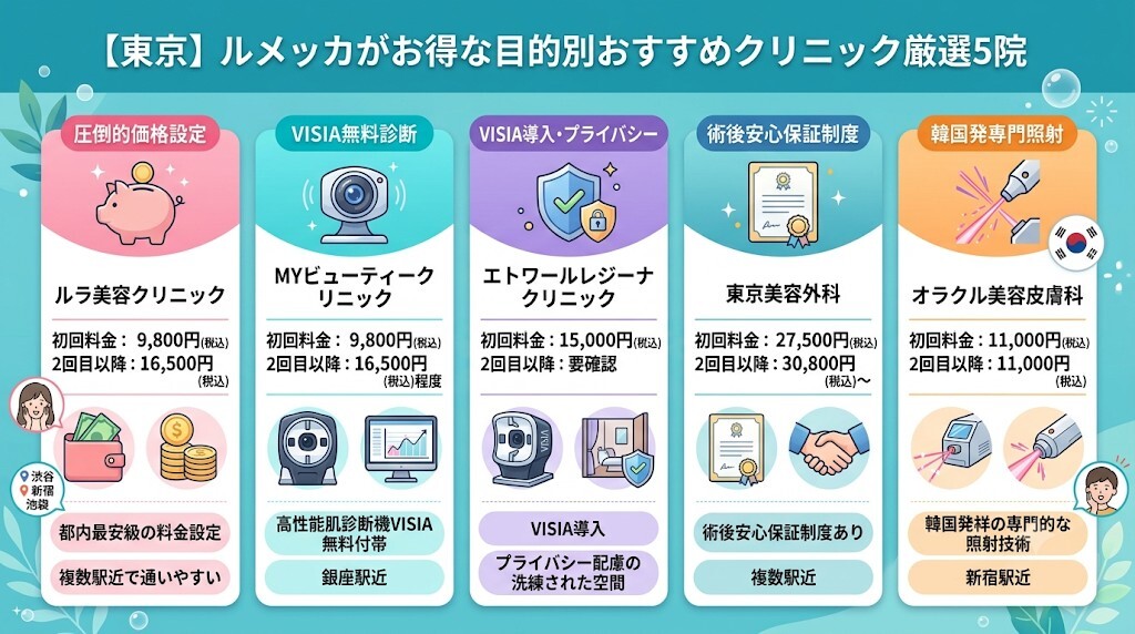 東京でルメッカがお得な目的別おすすめクリニック厳選5院をわかりやすく図解