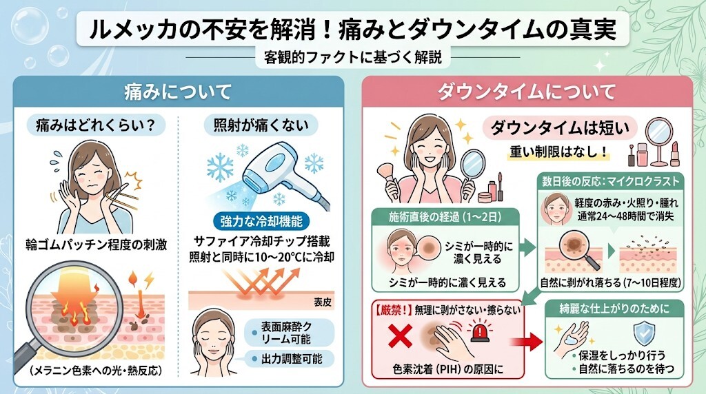 ルメッカのよくある不安を解消！痛みやダウンタイムは？（客観的ファクト解説）をわかりやすく図解