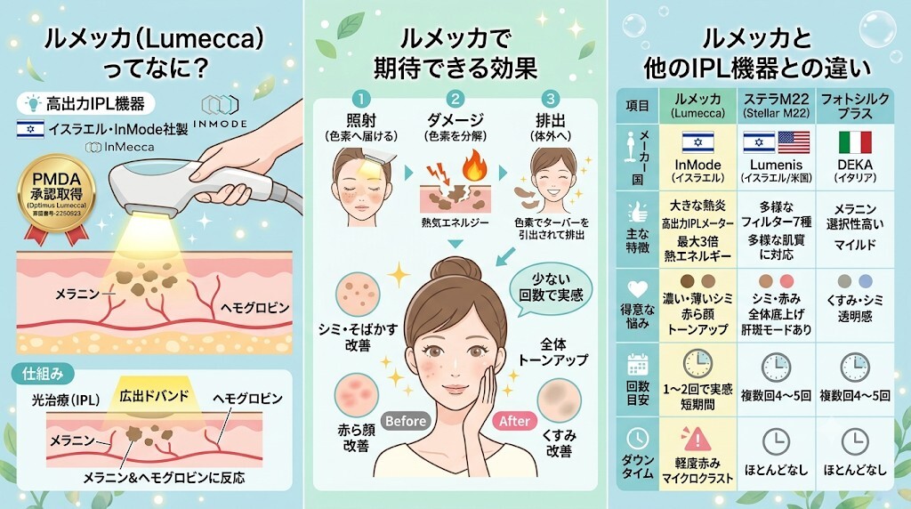 ルメッカ（Lumecca）とは？効果とフォトフェイシャル（M22）等との違いをわかりやすく図解