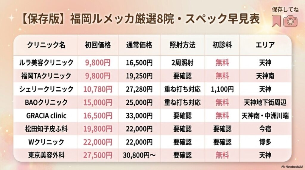 福岡でルメッカが安いおすすめクリニック早見表の図解

