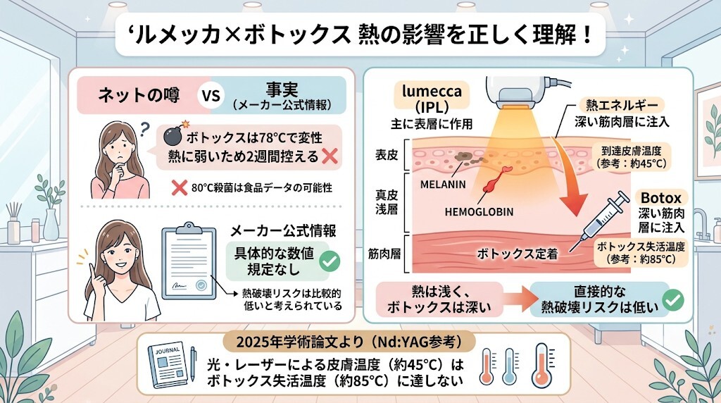 ルメッカの熱エネルギーと筋肉層への影響(78℃変性の真偽)をわかりやすく図解