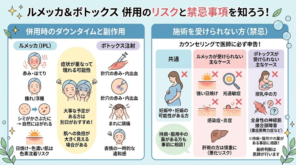 ルメッカとボトックスを併用する際の副作用・ダウンタイム・禁忌をわかりやすく図解