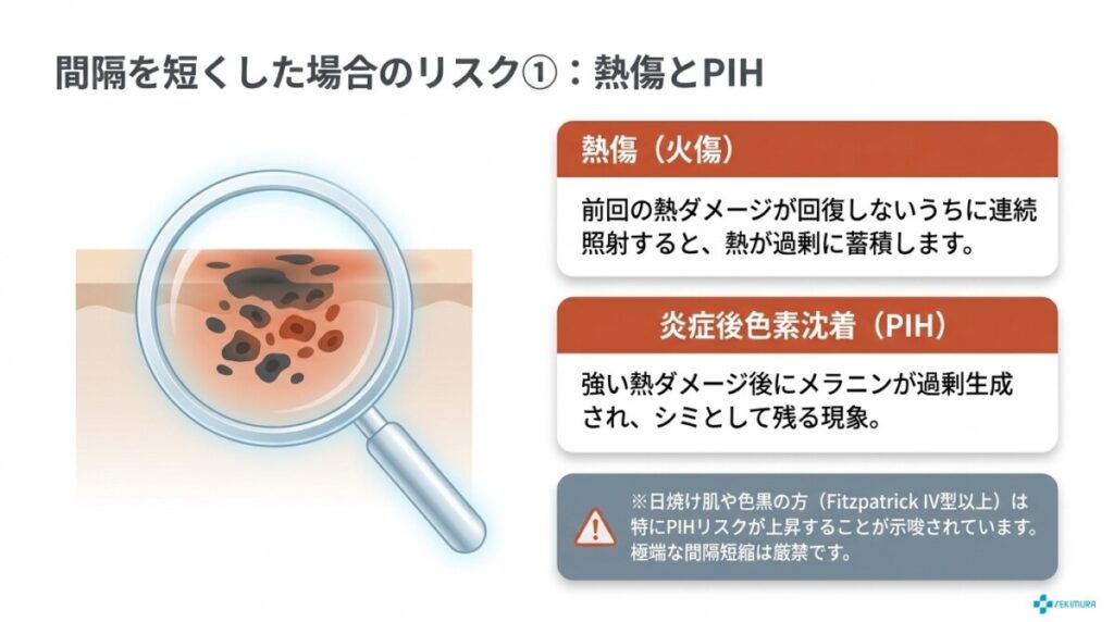 熱刺激の蓄積による炎症後色素沈着（PIH）や火傷のリスク