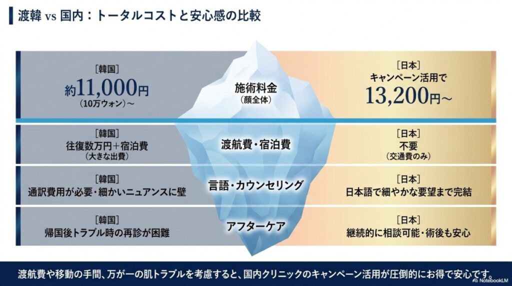 韓国vs日本国内の比較!交通費・渡韓費込みの総額と安心感を徹底比較