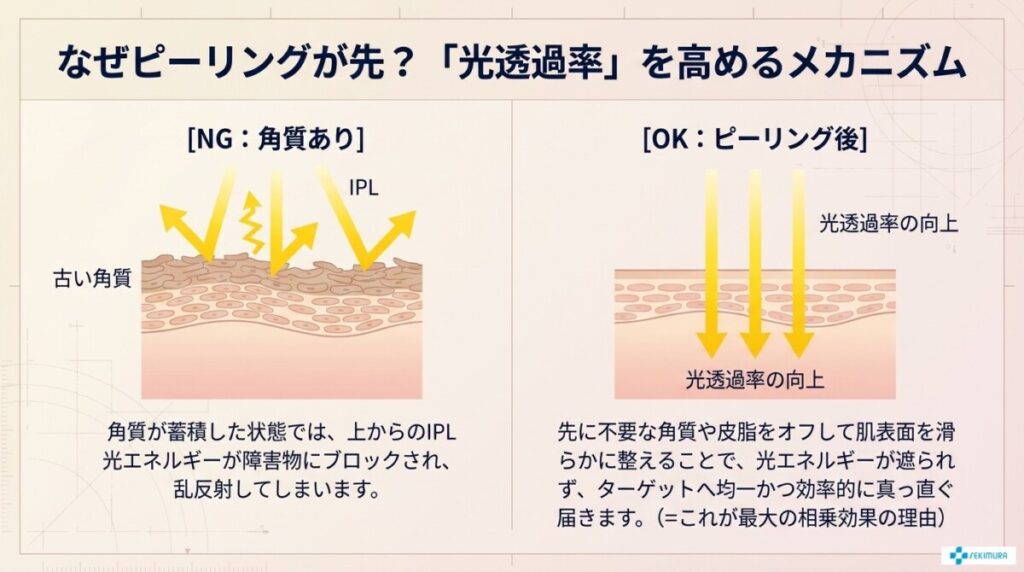先に角質をオフすることでIPLの光が均一に浸透しやすくなる