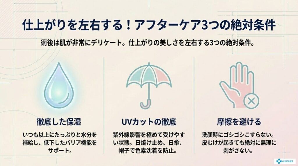 ダウンタイム中の正しい過ごし方とNG行動（徹底保湿と紫外線対策）