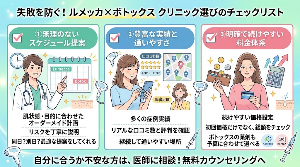【失敗を防ぐ】ルメッカとボトックスを安心して受けられるクリニックの選び方をわかりやすく図解