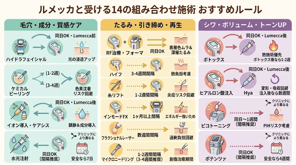 ルメッカ同時施術のおすすめ14選マトリクス!順番と間隔も徹底比較をわかりやすく図解