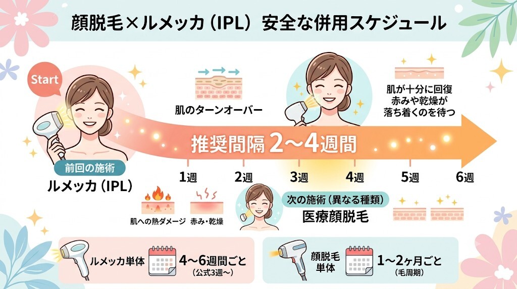 顔脱毛とルメッカの間隔は「2〜4週間」空けるのが原則をわかりやすく図解