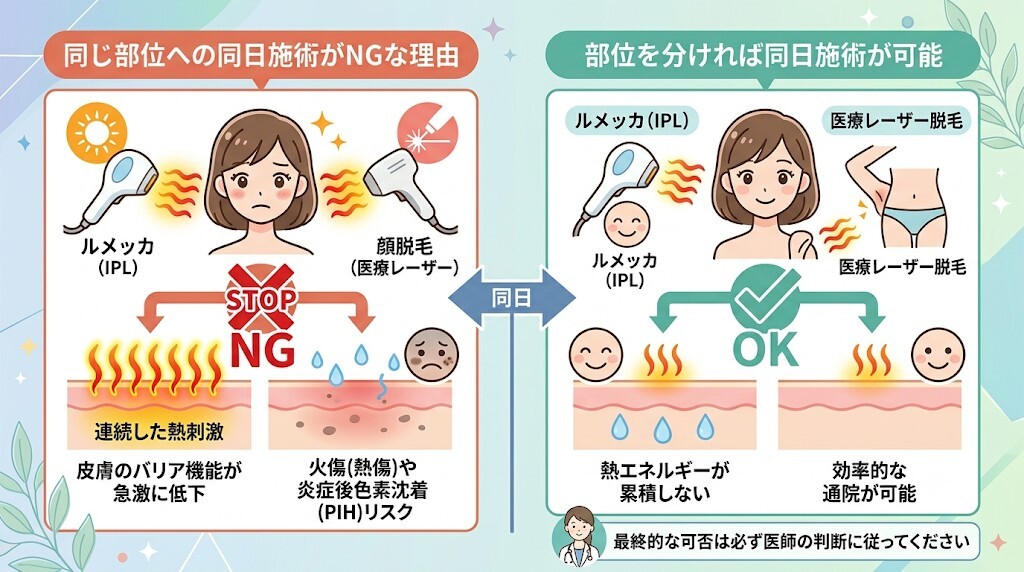 同じ部位への同日施術がNGとなる理由と熱ダメージの罠をわかりやすく図解