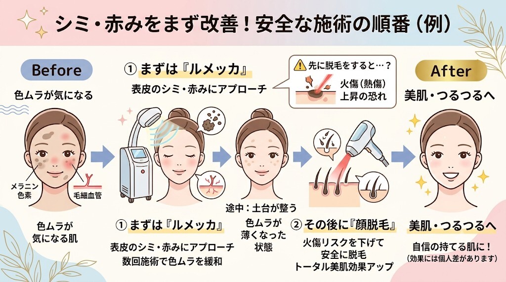 シミ・赤み改善を優先する場合の順番（ルメッカ→顔脱毛）をわかりやすく図解