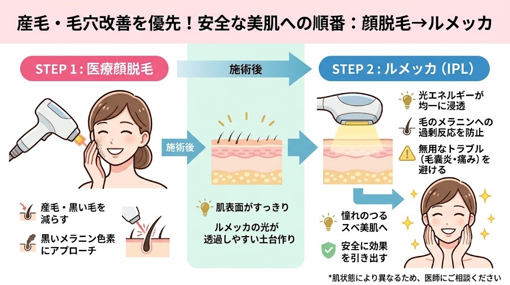 産毛・毛穴改善を優先する場合の順番（顔脱毛→ルメッカ）をわかりやすく図解