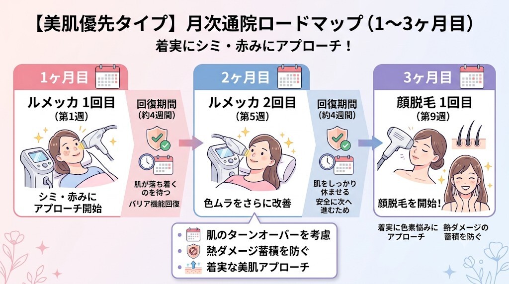 美肌優先タイプの月次通院ロードマップ（1〜3ヶ月目）をわかりやすく図解
