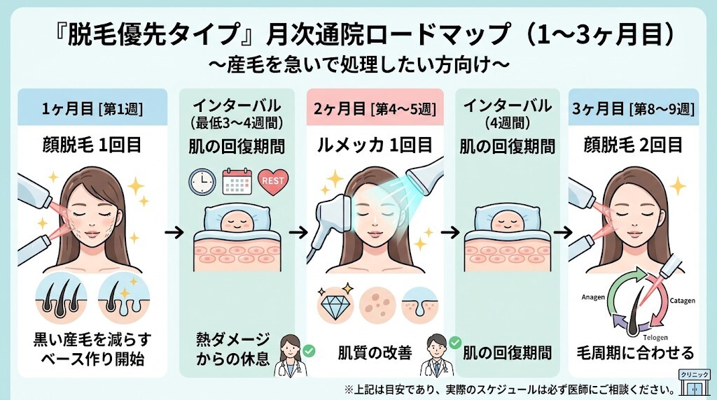 脱毛優先タイプの月次通院ロードマップ（1〜3ヶ月目）をわかりやすく図解