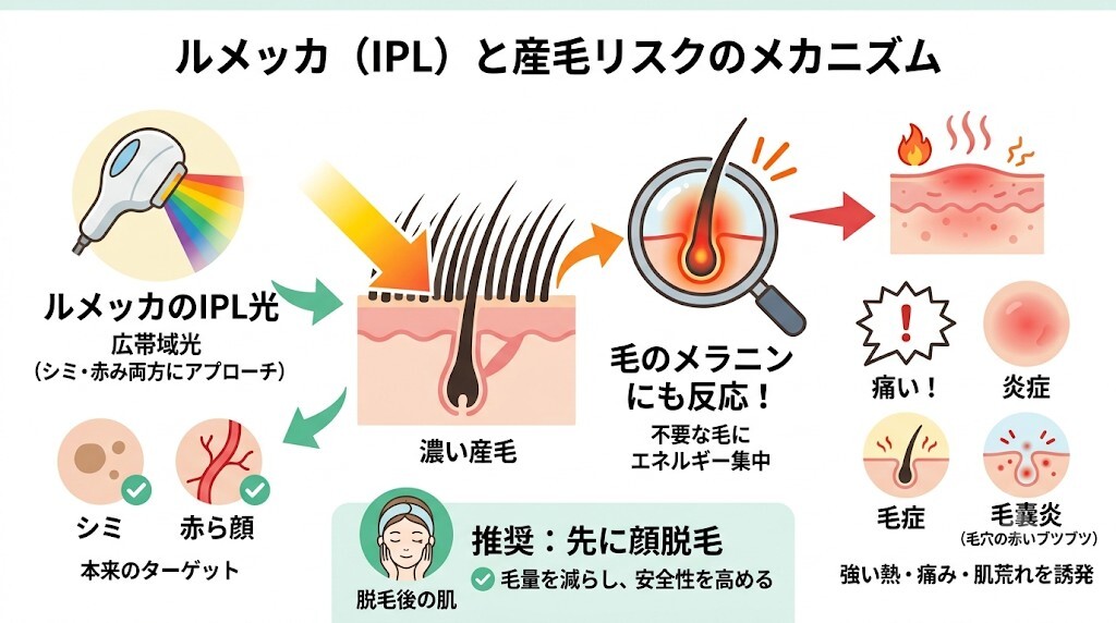 ルメッカのIPL光が産毛のメラニンに過剰反応するメカニズムをわかりやすく図解