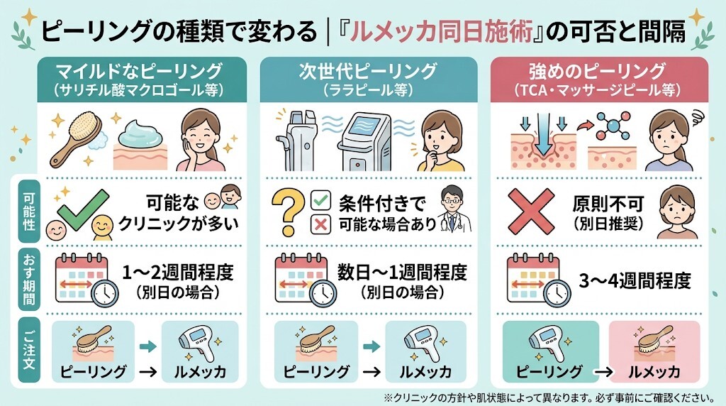 2. ピーリングの種類で変わる「同日施術」の可否と間隔をわかりやすく図解