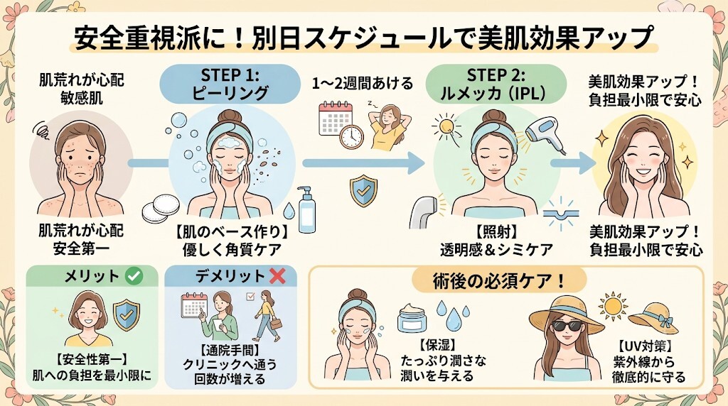 2. 安全性重視！別日（1〜2週間間隔）で慎重に効果を高めるスケジュールをわかりやすく図解