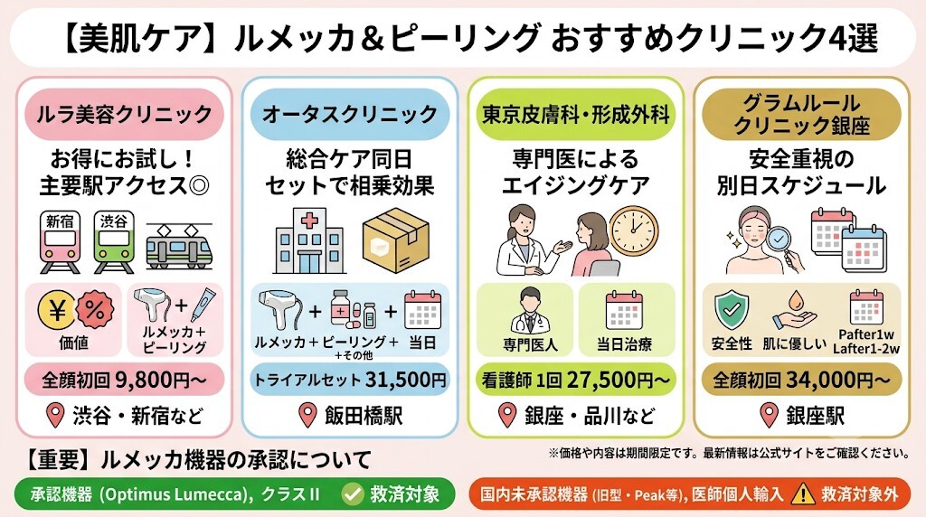 ルメッカ・ピーリングでおすすめのクリニック4選をわかりやすく図解