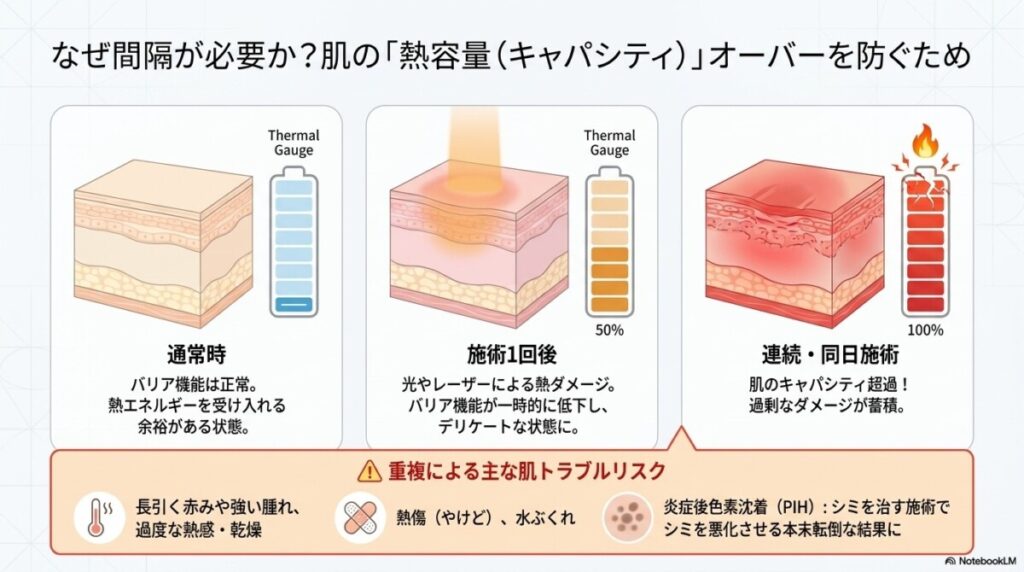 なぜ間隔が必要か?肌の「熱容量(キャパシティ)」オーバーを防ぐため