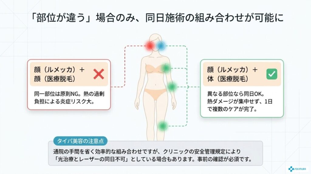 「部位が違う」場合のみ、同日施術の組み合わせが可能である図解