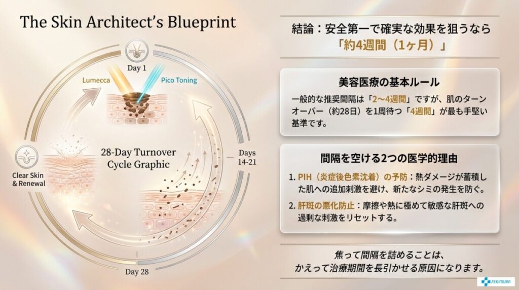 The Skin Architect's Blueprint ルメッカとピコトーニングの間隔 スキンケア計画の図解