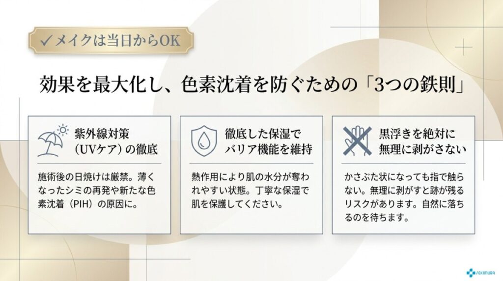 ステラM22の効果を最大化し、色素沈着を防ぐための3つの鉄則解説した図解。
