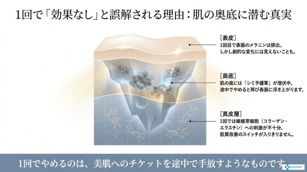 ステラM22の１回で効果なしと誤解される理由：肌の奥底に潜む真実について解説した図解。