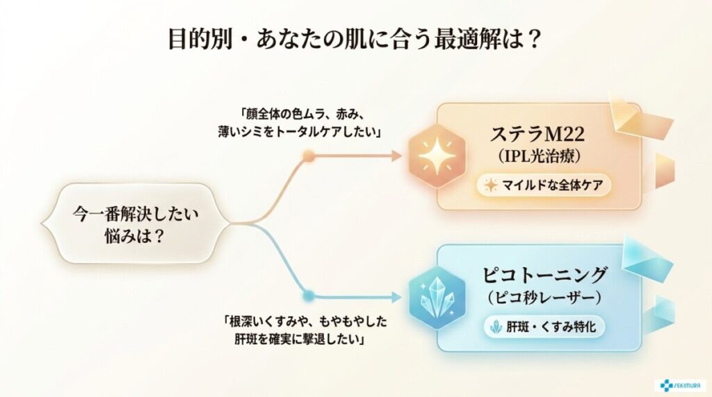 ステラM22とピコトーニングの目的別にどちらが肌に合っているか解説した図解。